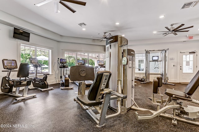 gym featuring baseboards, visible vents, recessed lighting, and ceiling fan