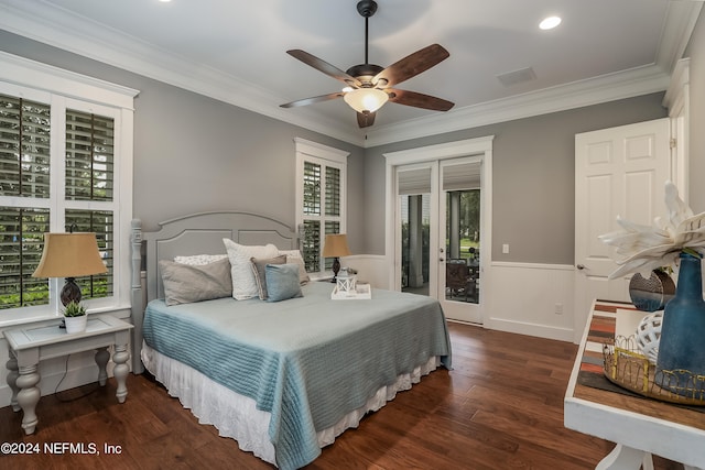 bedroom with ceiling fan, crown molding, access to exterior, and dark hardwood / wood-style flooring