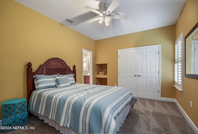 bedroom with ceiling fan, carpet floors, and a closet