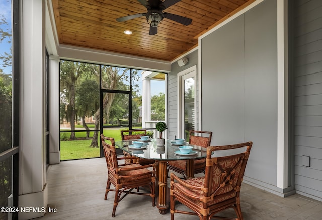 sunroom / solarium featuring ceiling fan and wooden ceiling