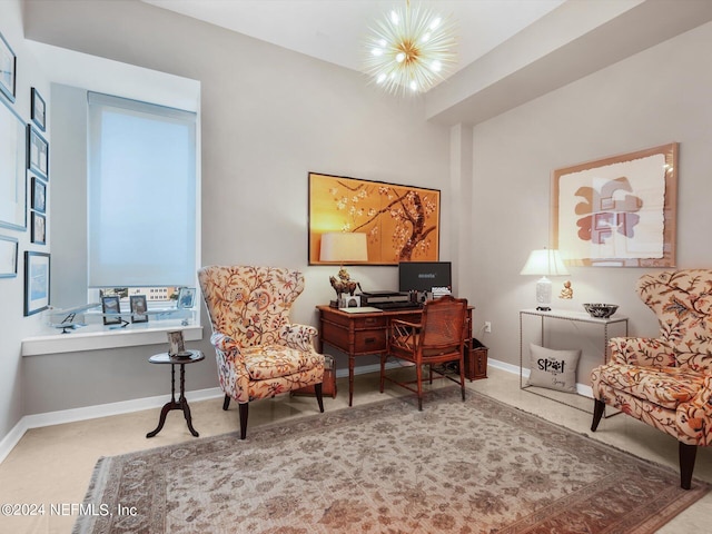 carpeted office with a notable chandelier