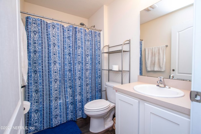 bathroom featuring vanity, curtained shower, toilet, and wood-type flooring