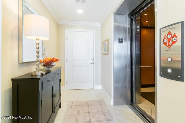 hallway featuring ornamental molding, light tile patterned flooring, and elevator