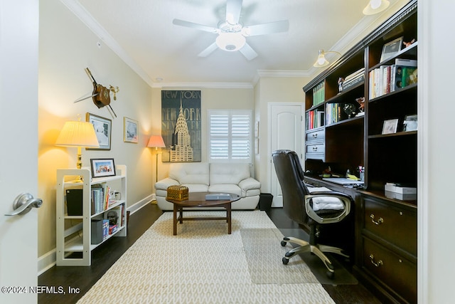 home office with ceiling fan, wood-type flooring, and ornamental molding