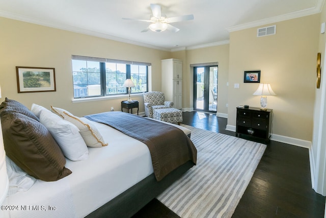 bedroom with french doors, access to exterior, ceiling fan, dark wood-type flooring, and crown molding