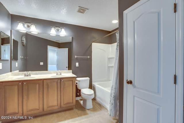 full bathroom featuring tile patterned floors, shower / bath combination with curtain, toilet, and vanity