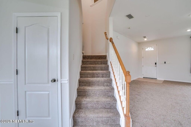 stairs featuring carpet floors