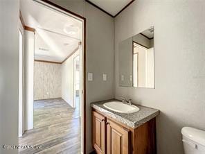 bathroom with hardwood / wood-style floors, toilet, and vanity