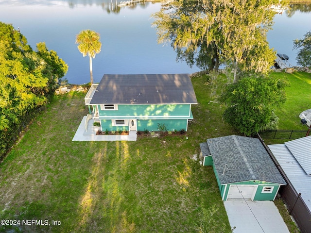 aerial view featuring a water view