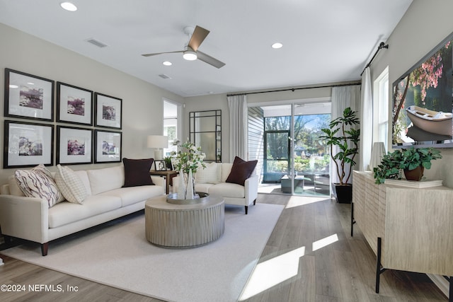 living room with wood-type flooring and ceiling fan