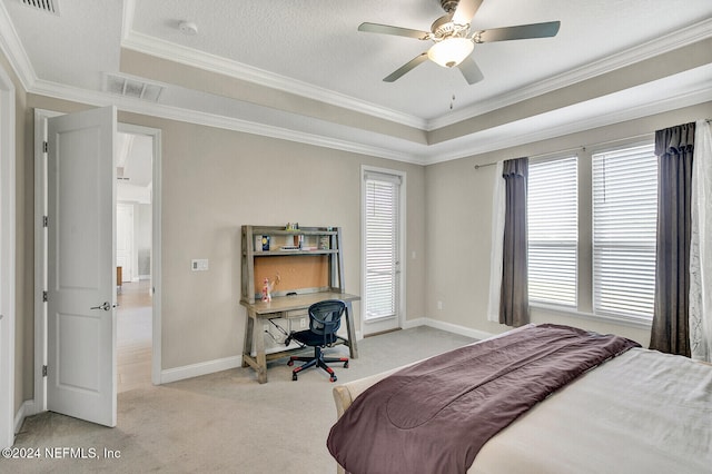 carpeted bedroom with ornamental molding, multiple windows, and ceiling fan