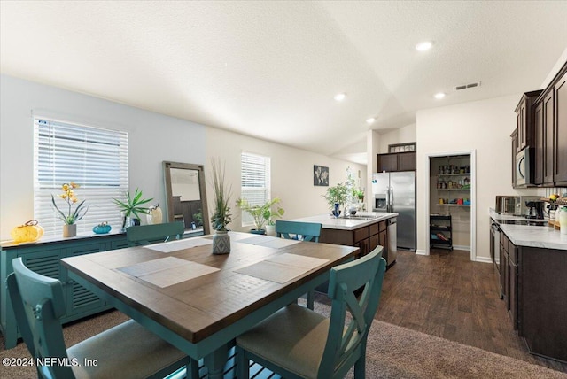 dining room with sink, a textured ceiling, lofted ceiling, and dark hardwood / wood-style floors