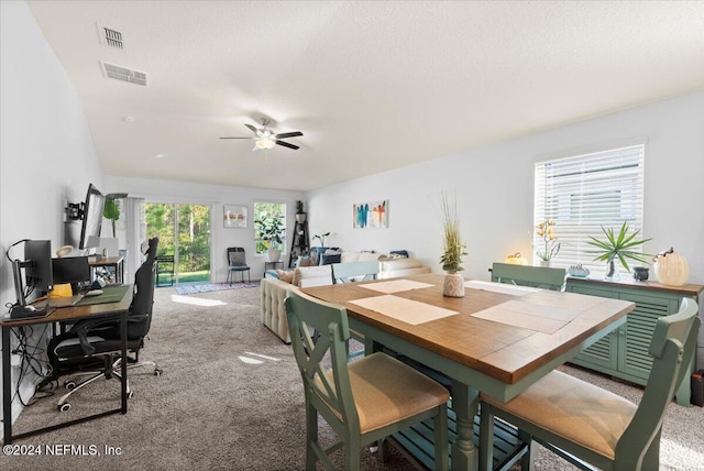 carpeted dining area featuring a textured ceiling, a healthy amount of sunlight, and ceiling fan