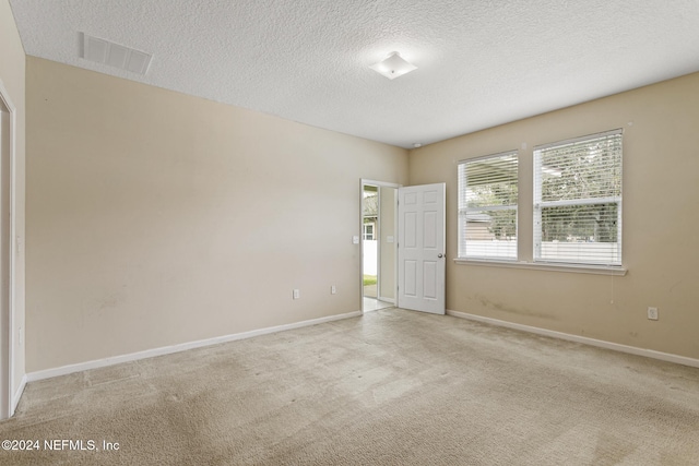 spare room featuring a textured ceiling and light colored carpet