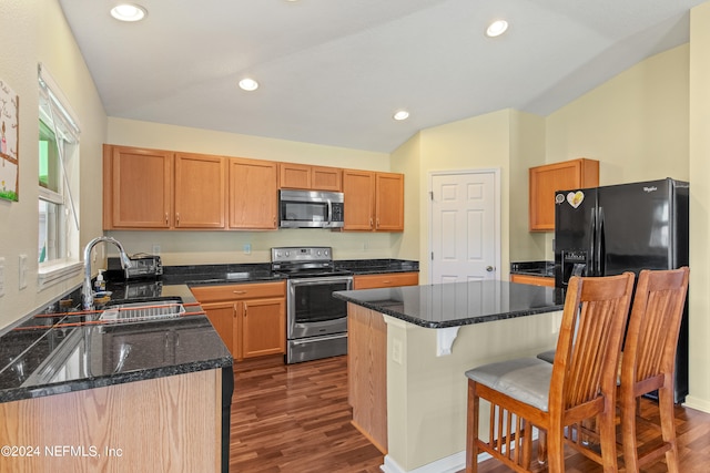 kitchen with dark hardwood / wood-style floors, stainless steel appliances, sink, and plenty of natural light