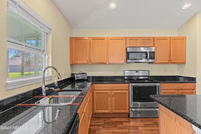 kitchen with appliances with stainless steel finishes, sink, dark stone counters, and dark hardwood / wood-style flooring