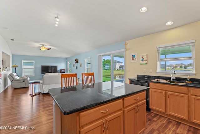 kitchen with black dishwasher, sink, a kitchen island, and dark hardwood / wood-style flooring