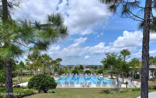 view of swimming pool featuring a lawn