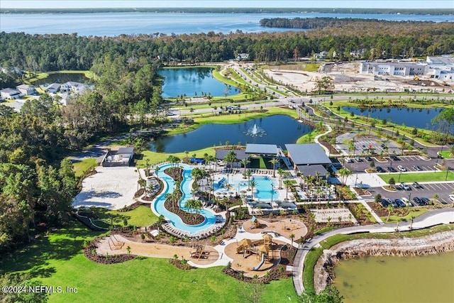 drone / aerial view featuring a water view