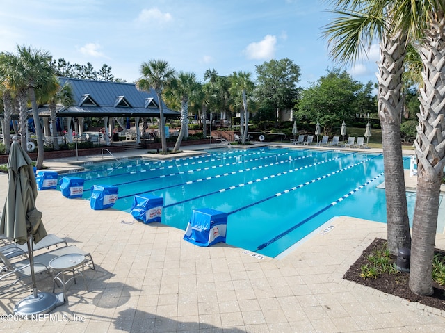 view of swimming pool featuring a patio area