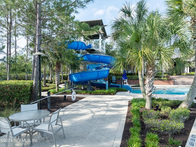 view of home's community featuring a swimming pool and a patio