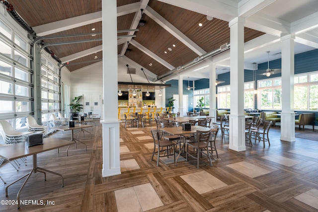 dining area with wood ceiling, ornate columns, high vaulted ceiling, and beamed ceiling