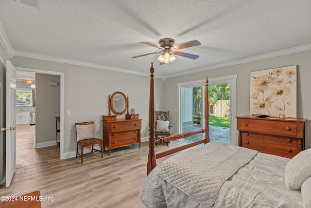 bedroom featuring access to exterior, light hardwood / wood-style flooring, multiple windows, and ceiling fan