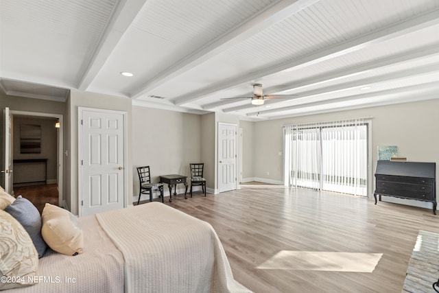 bedroom featuring beamed ceiling, access to exterior, light hardwood / wood-style floors, and ceiling fan