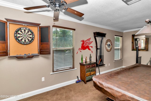 recreation room featuring billiards, a healthy amount of sunlight, crown molding, and a textured ceiling