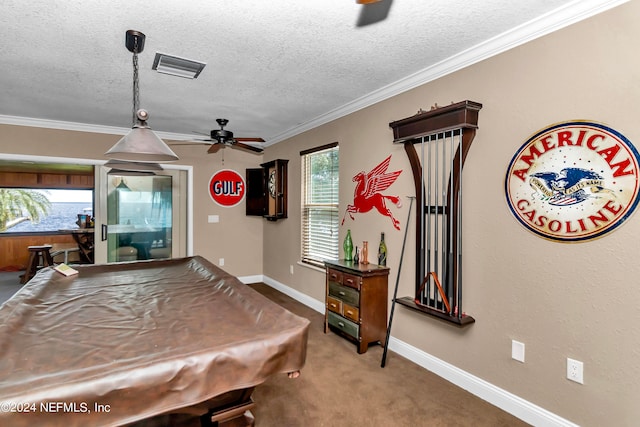 recreation room featuring plenty of natural light, ornamental molding, billiards, and carpet flooring