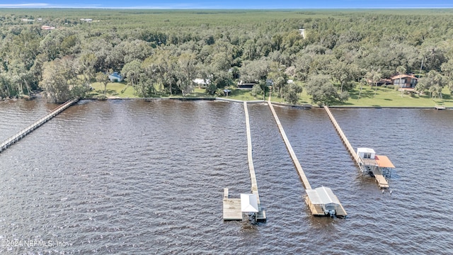 drone / aerial view featuring a water view