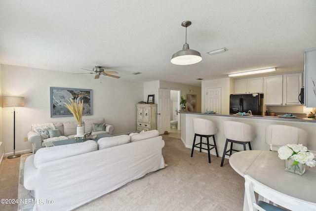 carpeted living room featuring ceiling fan and a textured ceiling