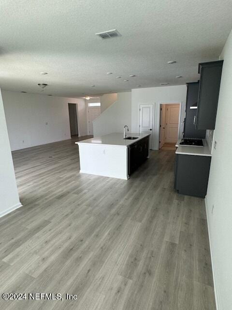 kitchen with a textured ceiling, a center island with sink, light wood-type flooring, and sink