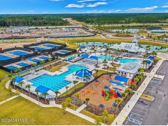 drone / aerial view featuring a water view