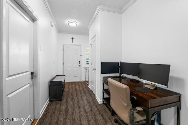 home office featuring a textured ceiling, dark hardwood / wood-style floors, and ornamental molding