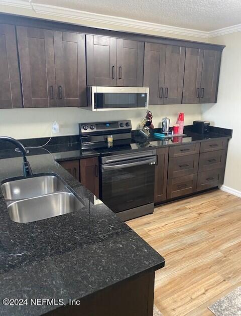 6664 SW 160th St, Starke, FL 32091 - kitchen with appliances with stainless steel finishes, a sink, dark brown cabinetry, ornamental molding, and light wood-style floors