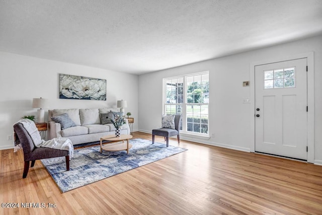 living room with a textured ceiling and light hardwood / wood-style flooring