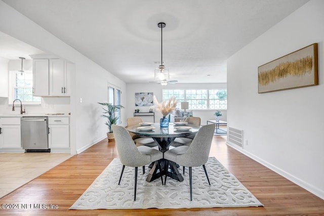 dining area with plenty of natural light, sink, light hardwood / wood-style flooring, and ceiling fan