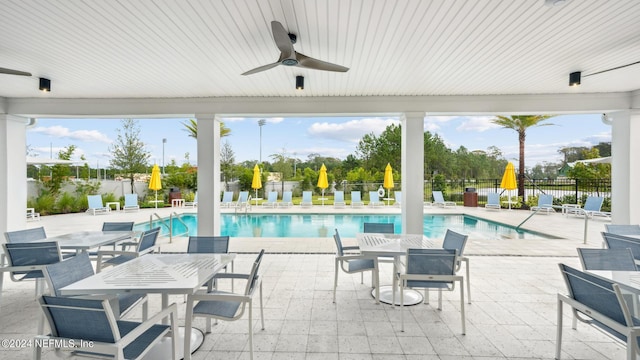 view of pool featuring ceiling fan and a patio area