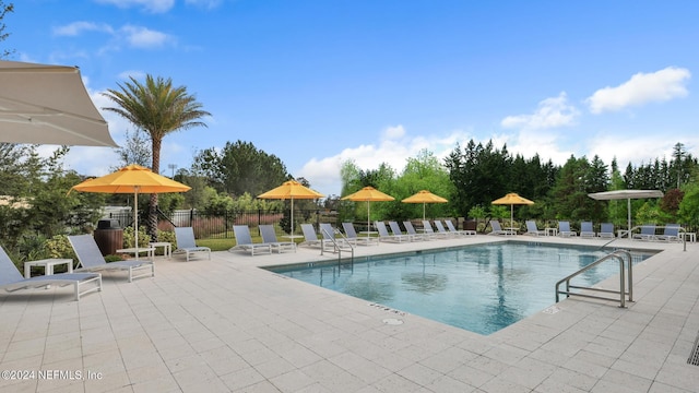 view of swimming pool featuring a patio area