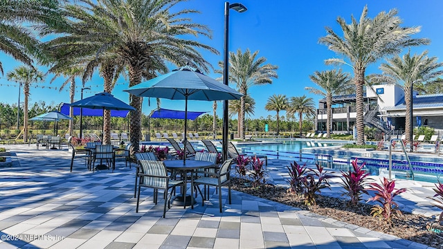 view of home's community with a pool and a patio