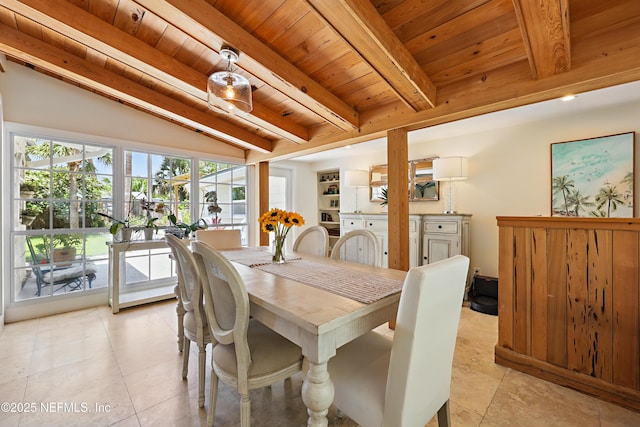 dining area with light tile patterned floors, wooden ceiling, and beamed ceiling