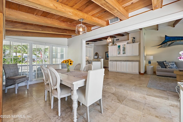 dining space featuring wood ceiling, beam ceiling, and visible vents