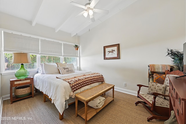 carpeted bedroom featuring a ceiling fan, baseboards, and lofted ceiling with beams