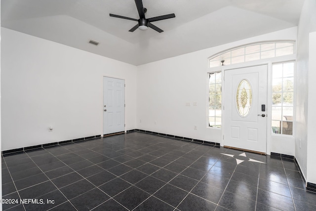 entrance foyer with vaulted ceiling and ceiling fan