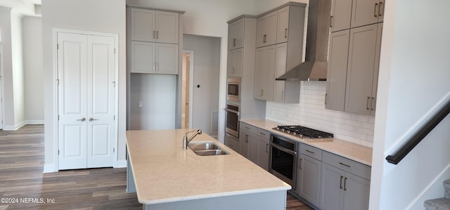 kitchen featuring sink, a center island with sink, wall chimney exhaust hood, appliances with stainless steel finishes, and dark hardwood / wood-style flooring