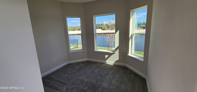 carpeted empty room featuring a water view