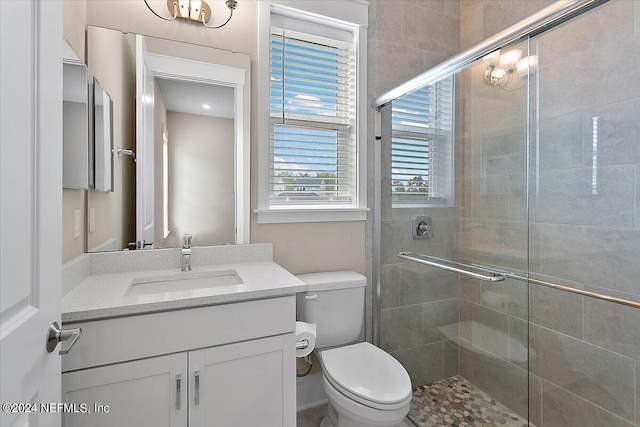 bathroom featuring toilet, vanity, and a shower with shower door