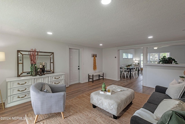 living room with a textured ceiling and light wood-type flooring