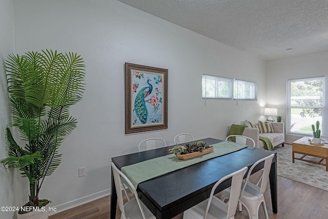 dining space featuring a textured ceiling and hardwood / wood-style floors